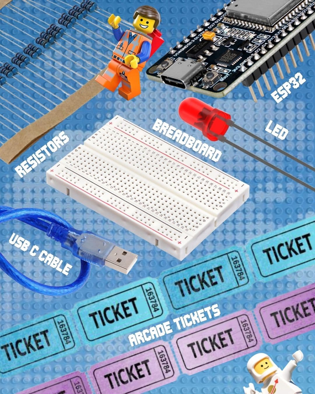 The Buildathon kit: resistors, an ESP32 board, a breadboard, an LED, a USB cable and arcade tickets