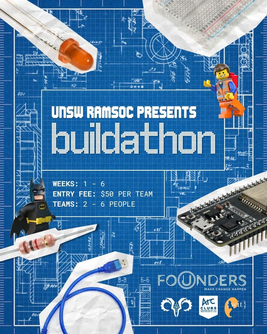 Buildathon 2026 poster: LEGO minifigures and electronics components laid out on an engineering blueprint